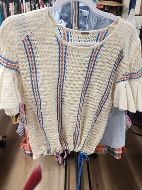 Free People Cream Crochet Tunic with Blue & Orange Stripes